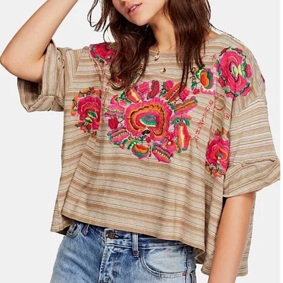 Free People Tops - Free People Striped Top with Floral Embroidery